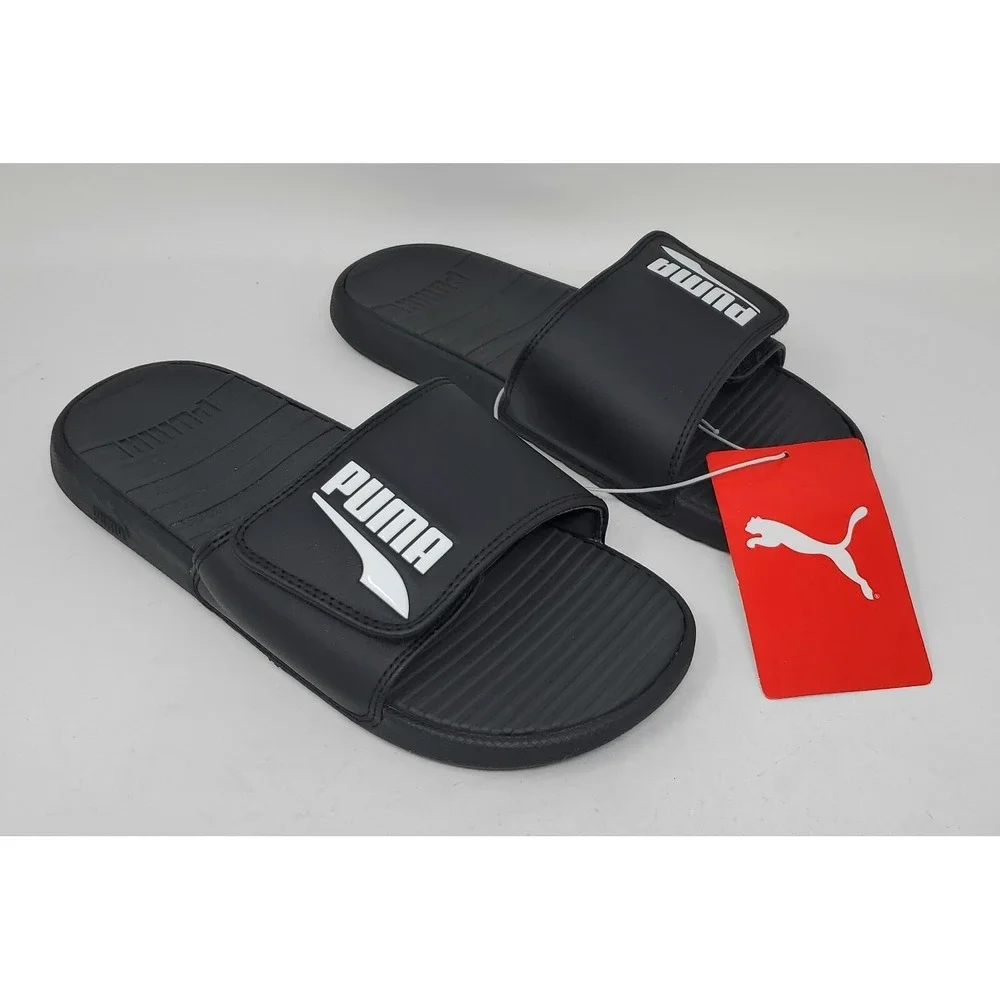 Puma Men's Cool Cat V Slides Black & White Hook/Loop Closure Size 7M Exc Cond